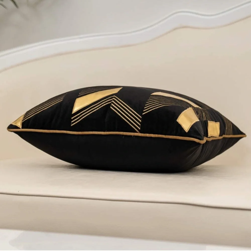 Luxury Home | Black & Gold Soft Velvet Faux Leather Geo Lumbar Pillow Cover